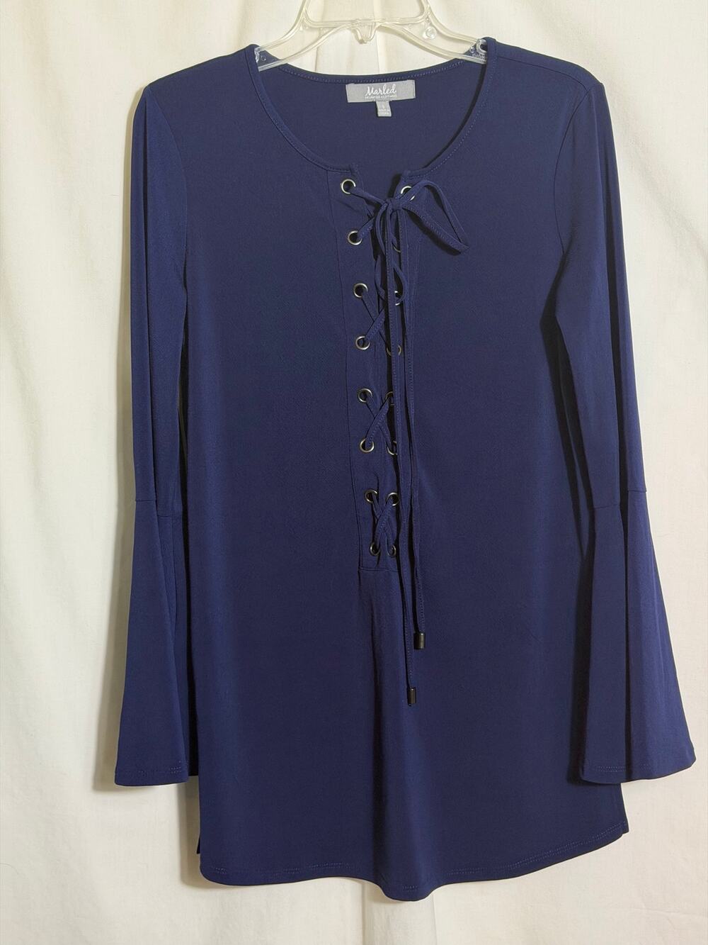 Marled Reunited Clothing Blue Lace Up Tunic Top Womens Small Bell Sleeve Blouse